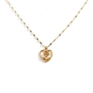 Gold Heart Rose Pendant Necklace - Elegant Women's Jewelry